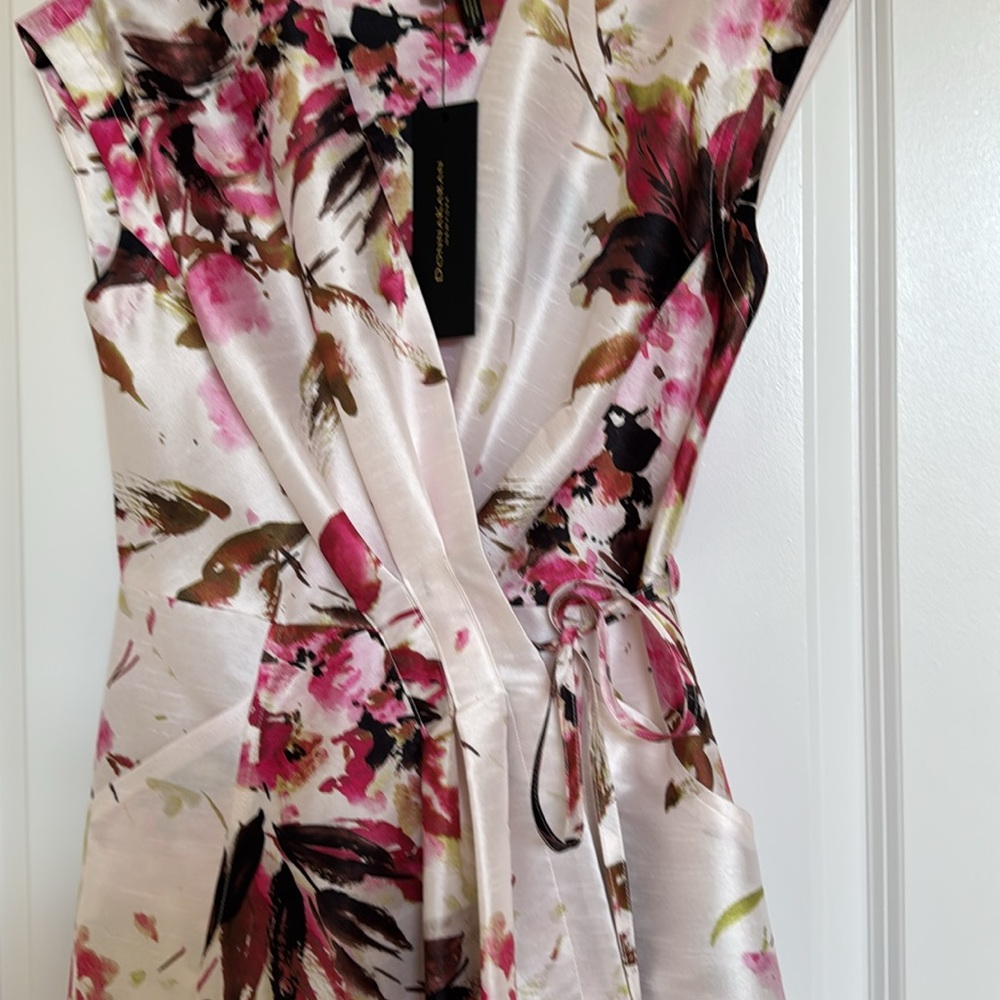 Donna Karan White Floral Wrap Midi Dress with Pink Accents - Picture 12 of 14